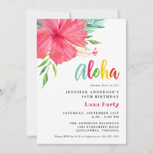 Invitation Aloha Tropical Luau Pink Hibiscus fête d'anniversa