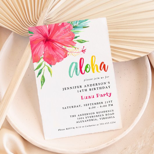 Invitation Aloha Tropical Luau Pink Hibiscus fête d'anniversa