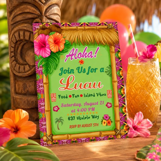 Invitation Aloha Tropical Rose Verte Luau