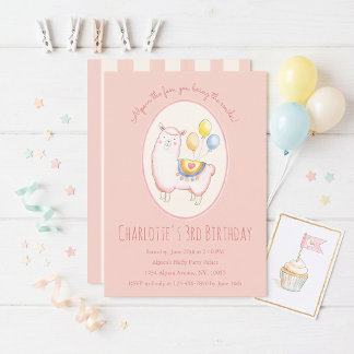 Invitation Alpaca à l'aquarelle avec ballon rose tendre pour 