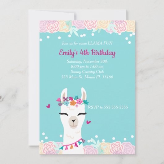 Invitation Alpaca Llama Face À L'Invitation Anniversaire de e (Devant)