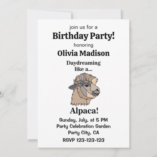 Invitation Alpaca Llama Funny Birthday Party (Devant)