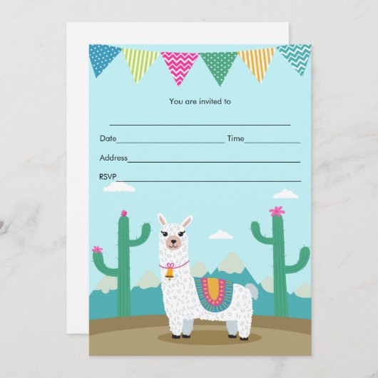 Invitation Alpaca llama Remplir En anniversaire de (Devant / Derrière)