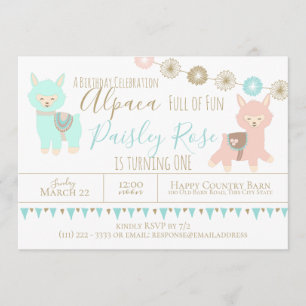 Invitation Alpaca premier anniversaire emballé avec amusant