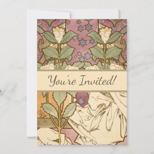 Invitation Alphonse Mucha Elegant Art Nouveau Stars Camellia (Devant)