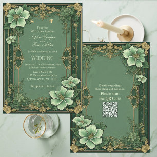 Invitation Alphonse Mucha Fleurs Opulence Vert Sauge Mariage