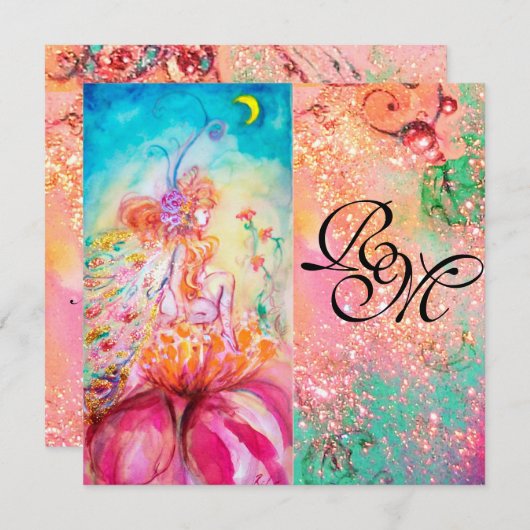 Invitation ALTHEA, monogramme rose bleu jaune vert scintillem (Devant / Derrière)