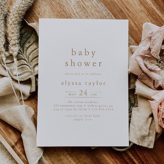 Invitation ALYSSA Boho White et Gold Girl Baby shower simple