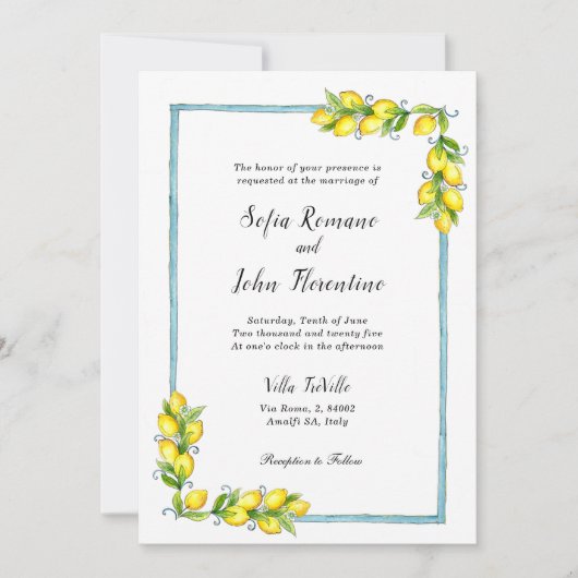 Invitation Amalfi aquarelle Citrons mariage vintage (Devant)
