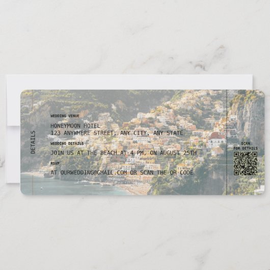 Invitation AMALFI Boarding Pass Destination Wedding Code QR (Dos)