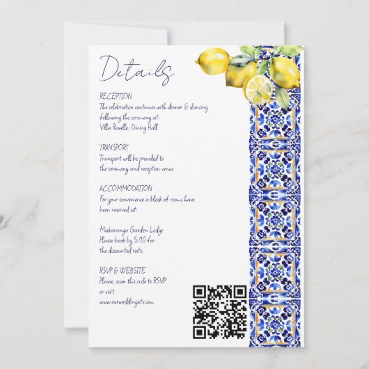 Invitation Amalfi citrons italiens de tuiles bleues tout en u (Dos)