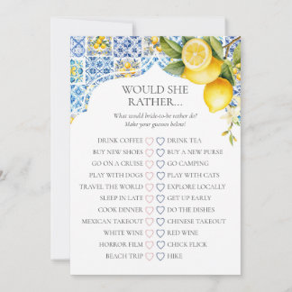 Invitation Amalfi Coast Bridal Shower Would She Rather Game