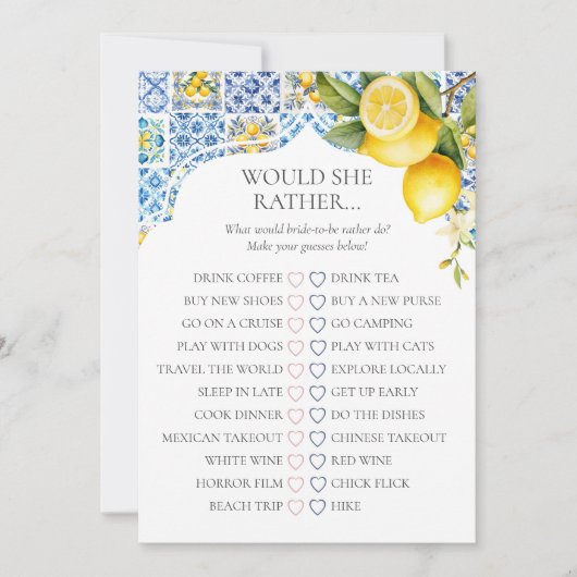 Invitation Amalfi Coast Bridal Shower Would She Rather Game (Devant)