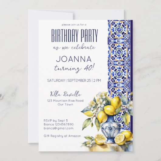 Invitation Amalfi Italie en tuiles bleues citrons fête d'anni (Devant)