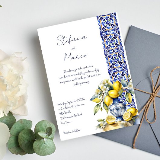Invitation Amalfi italien tuiles bleu citrons mariage