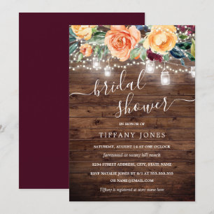 Invitation Amber Bourgogne Floral Rustic Wood Fête des mariée