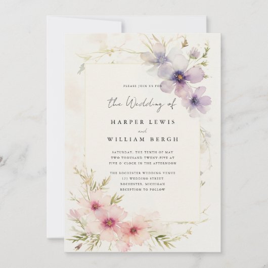 Invitation Ambiance romantique cosmos fleurs qr code mariage (Devant)