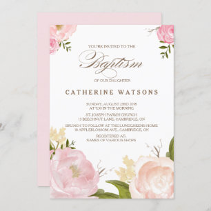 Invitation Ambiance romantique Fleurs d'aquarelle Baptême Inv