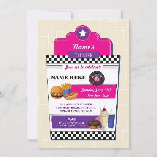 Invitation American Diner Birthday Party Burger Girls Invitat (Devant)