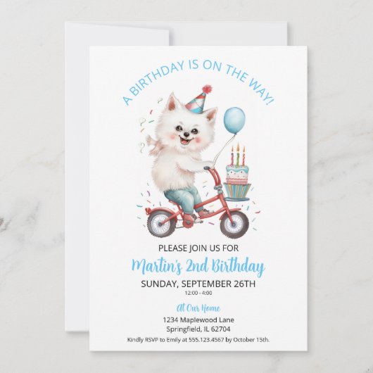Invitation American Eskimo Bike avec gâteau 2e fête d'anniver (Devant)