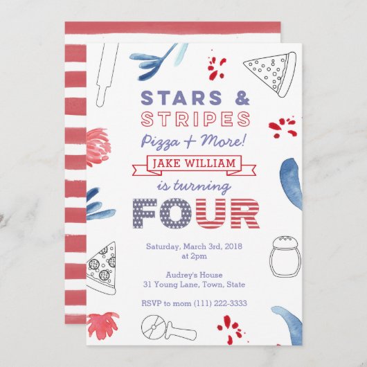 Invitation American Pizza Party pour garçon ou fille 4e anniv (Devant / Derrière)