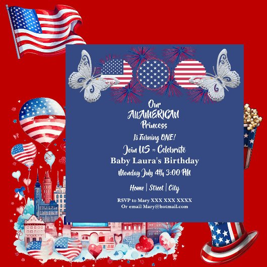 Invitation American Princess Butterfly Stars Anniversaire 4 j