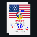 Invitation American Red White Blue Fun 50th Birthday Party<br><div class="desc">Une invitation amusante pour une soirée ou un événement à thème américain avec des étoiles rouges, blanches et bleues et drapeau rayé ainsi qu'un joli personnage de dessin animé Uncle Sam. Si facile à personnaliser avec vos détails de fête sans frais supplémentaires. L'invitation est présentée comme une fête du 50e...</div>