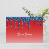 Invitation Americana Red Blue Glitter Drip Birthday (Debout devant)