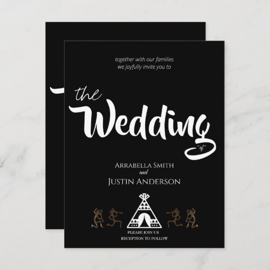 Invitation Amérindien Kokopelli Tipi Mariage noir (Devant / Derrière)