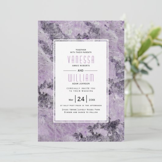 Invitation Amethyst geode violet marbre moderne mariage (Debout devant)