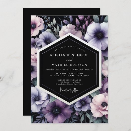 Invitation Amethyst Noir Bloom Wedding (Devant / Derrière)