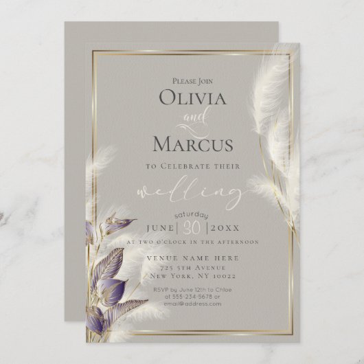 Invitation Améthyste Anthurium et Pampas de plumes Grass (Devant / Derrière)