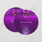 Invitation AMÉTHYSTE DAMAS GEMME PIERRE MONOGRAMME noir viole (Devant / Derrière)
