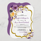 Invitation Améthyste d'aquarelle Mariage de fleurs d'or pourp (Devant / Derrière)