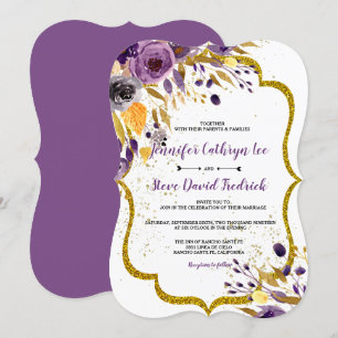 Invitation Améthyste d'aquarelle Mariage de fleurs d'or pourp