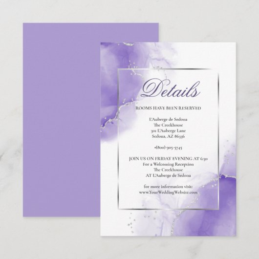 Invitation Améthyste détails argent écriture violette (Devant / Derrière)