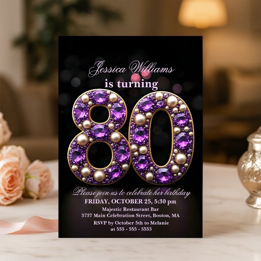 Invitation Améthyste et perle étincelants 80e anniversaire