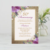 Invitation Améthyste Fleurie Pailletée Violette 50e Anniversa (Debout devant)