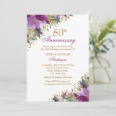 Invitation Améthyste Floral Pourpre Étincelant 50e Anniversai (Debout devant)