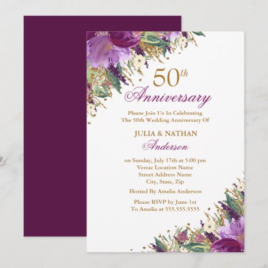 Invitation Améthyste Floral Violet Étincelant 50e Anniversair (Devant / Derrière)