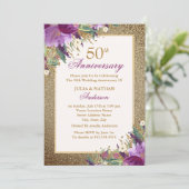 Invitation Améthyste Florale Pailletée Violette 50e Anniversa (Debout devant)