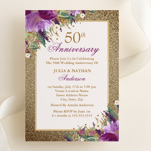 Invitation Améthyste Florale Pailletée Violette 50e Anniversa