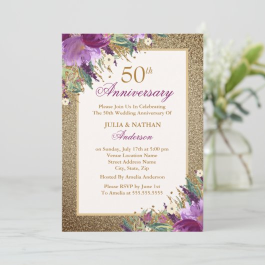 Invitation Améthyste Florale Paillettes Violettes 50e Anniver (Debout devant)