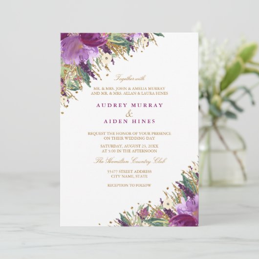 Invitation Améthyste pétillant Mariage floral pourpre (Debout devant)