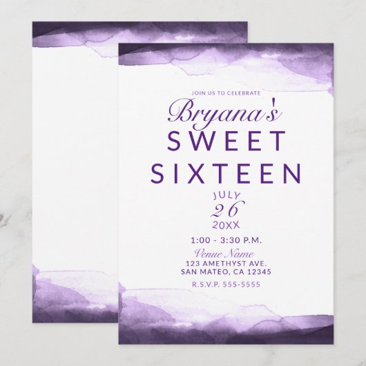 Invitation Améthyste Prune Pourpre Moderne Chic Fête Douce 16 (Devant / Derrière)