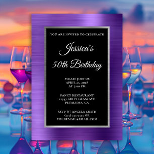 Invitation Améthyste Violet Argent Feuille Noir 50e Anniversa
