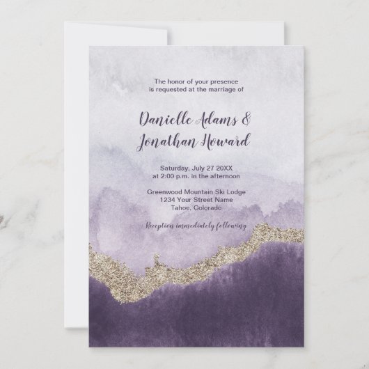 Invitation Améthyste violet contemporain et Mariage d'or (Devant)