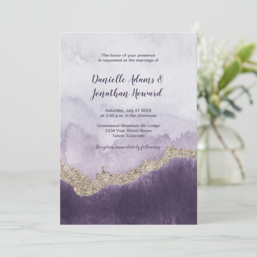 Invitation Améthyste violet contemporain et Mariage d'or (Debout devant)