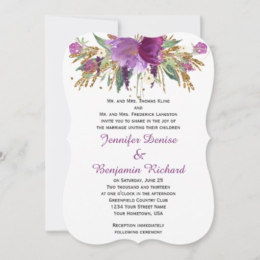 Invitation Améthyste violet or Aquarelle Fleurs Mariages (Devant)