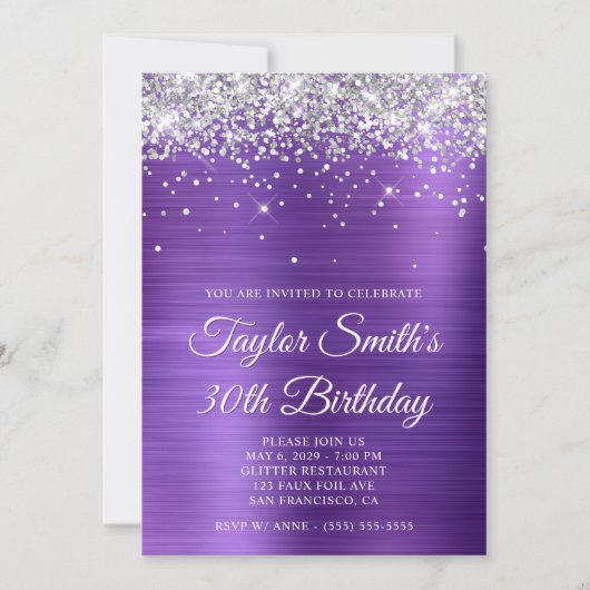 Invitation Améthyste Violet Paillettes Argent 30e Anniversair (Devant)
